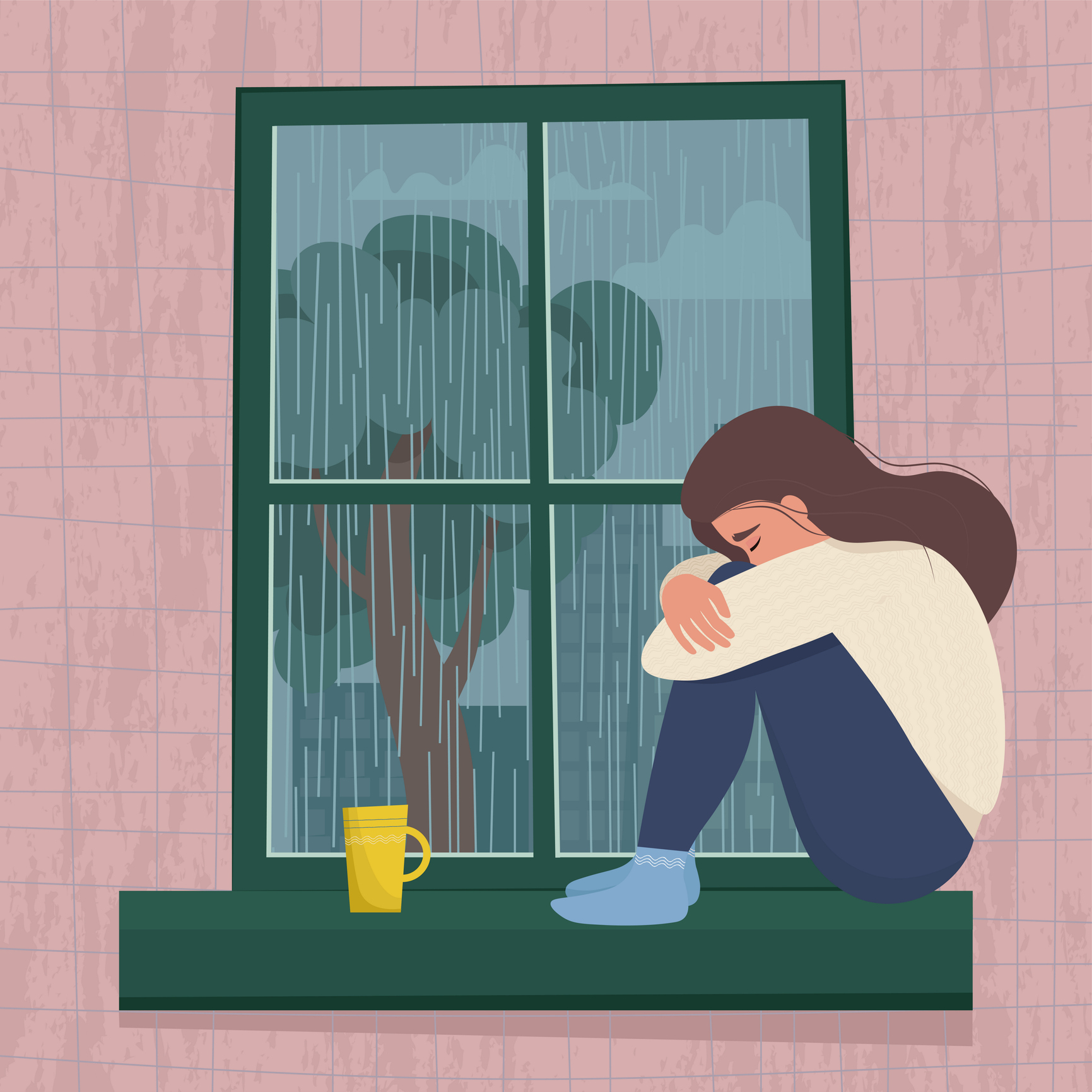 Depressed woman sitting by the window. Seasonal depression concept. Cute vector illustration in cartoon flat style