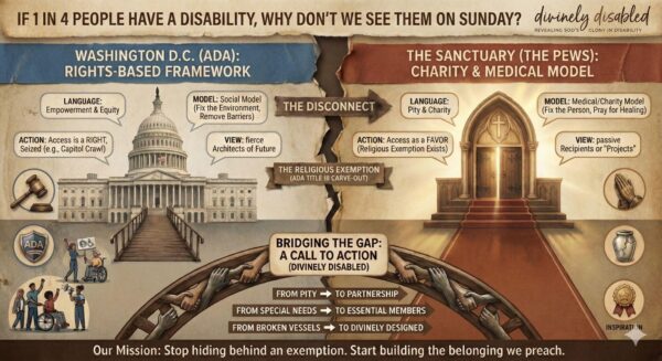 An infographic from "Divinely Disabled" titled "If 1 in 4 People Have a Disability, Why Don't We See Them on Sunday?". It visually contrasts the ADA's rights-based framework in Washington D.C. with the charity and medical model in church sanctuaries, highlighting the "religious exemption" that causes a disconnect. A central bridge urges a "Call to Action" to move from pity to partnership, from seeing special needs to essential members, and from viewing broken vessels to divinely designed individuals, with a mission to stop hiding behind the exemption and start building true belonging.