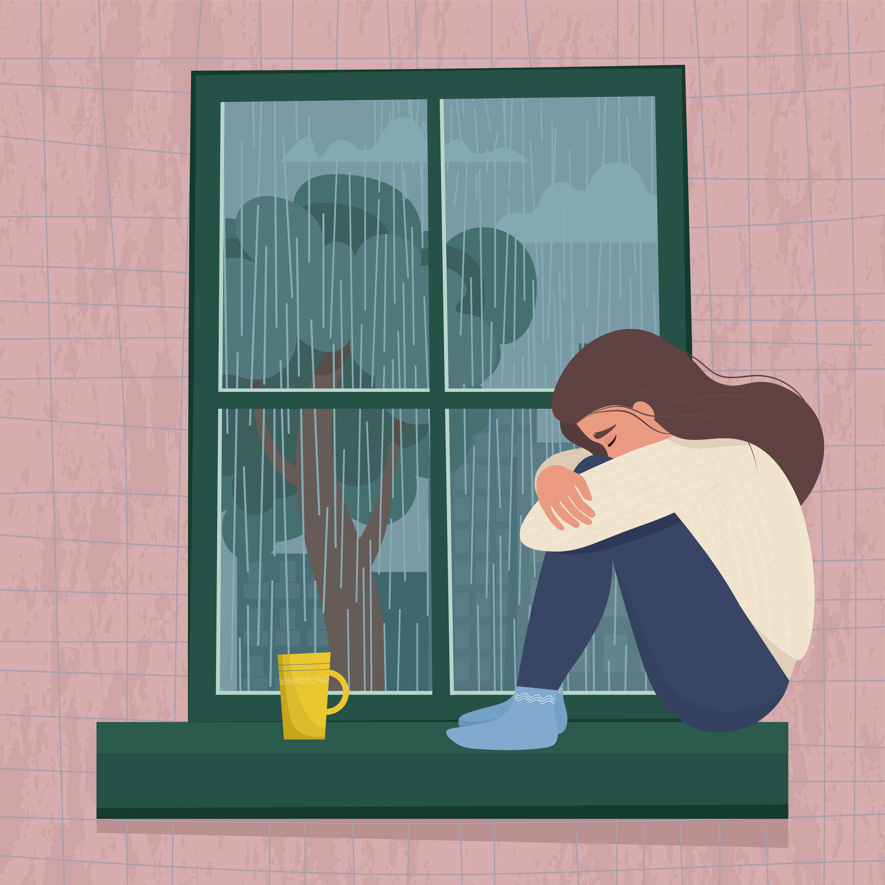 Depressed woman sitting by the window. Seasonal depression concept. Cute vector illustration in cartoon flat style